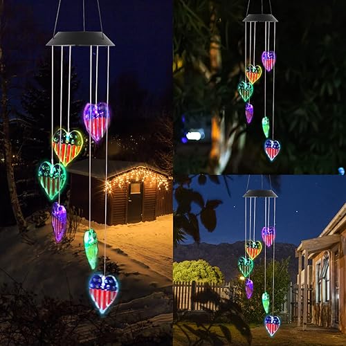 Miniatura 4 de Campanilla de viento solar con la bandera estadounidense, luz de campanilla de viento patriótica, decoración colgante, regalos para jardín al aire