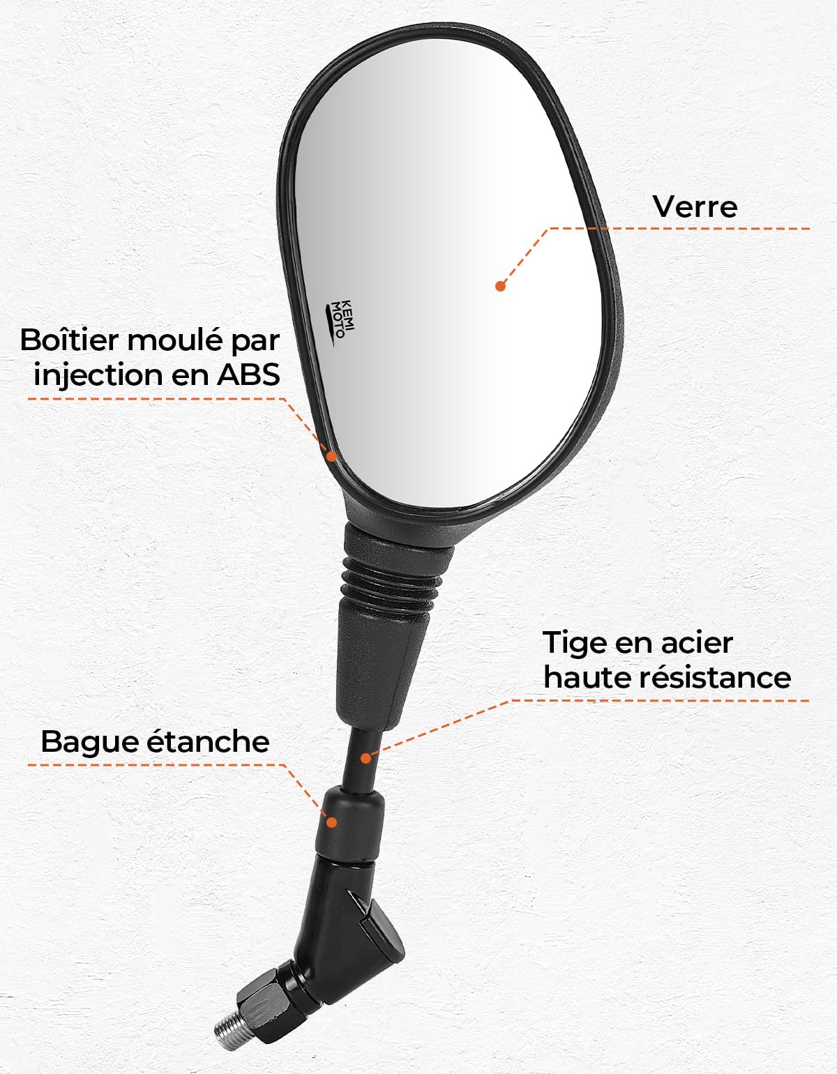 KEMIMOTO E24 Rétroviseur Moto Homologués, Vue Haute Résolution et Grand Angle, Boîtier ABS Résistant Aux Chocs et en Plastique Résistant Aux Chocs, avec Vis 10 mm