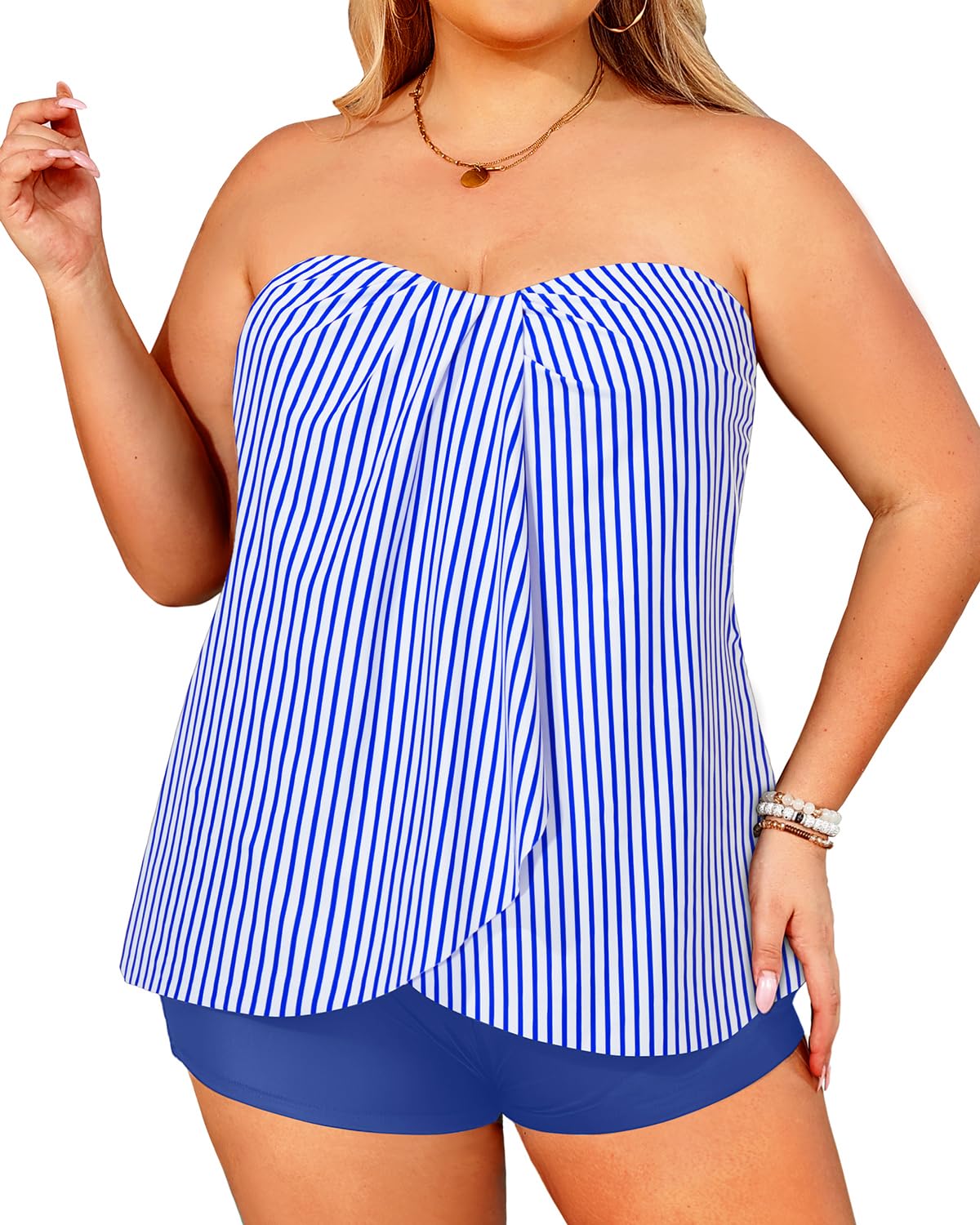Plus Size Bandeau Tankini 2 Piece Halter Swimsuit with Shorts