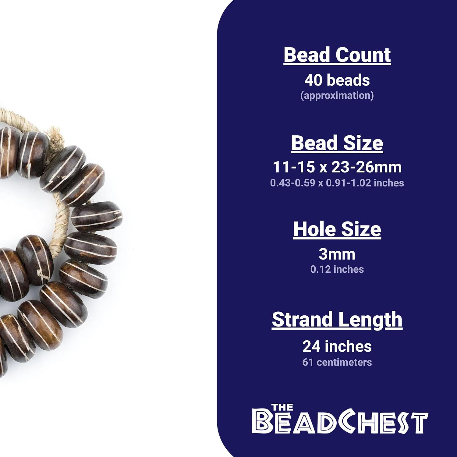 The Bead Chest Carved Brown Bone Beads - Full Strand of Fair Trade Artisanal African Beads (Striped)