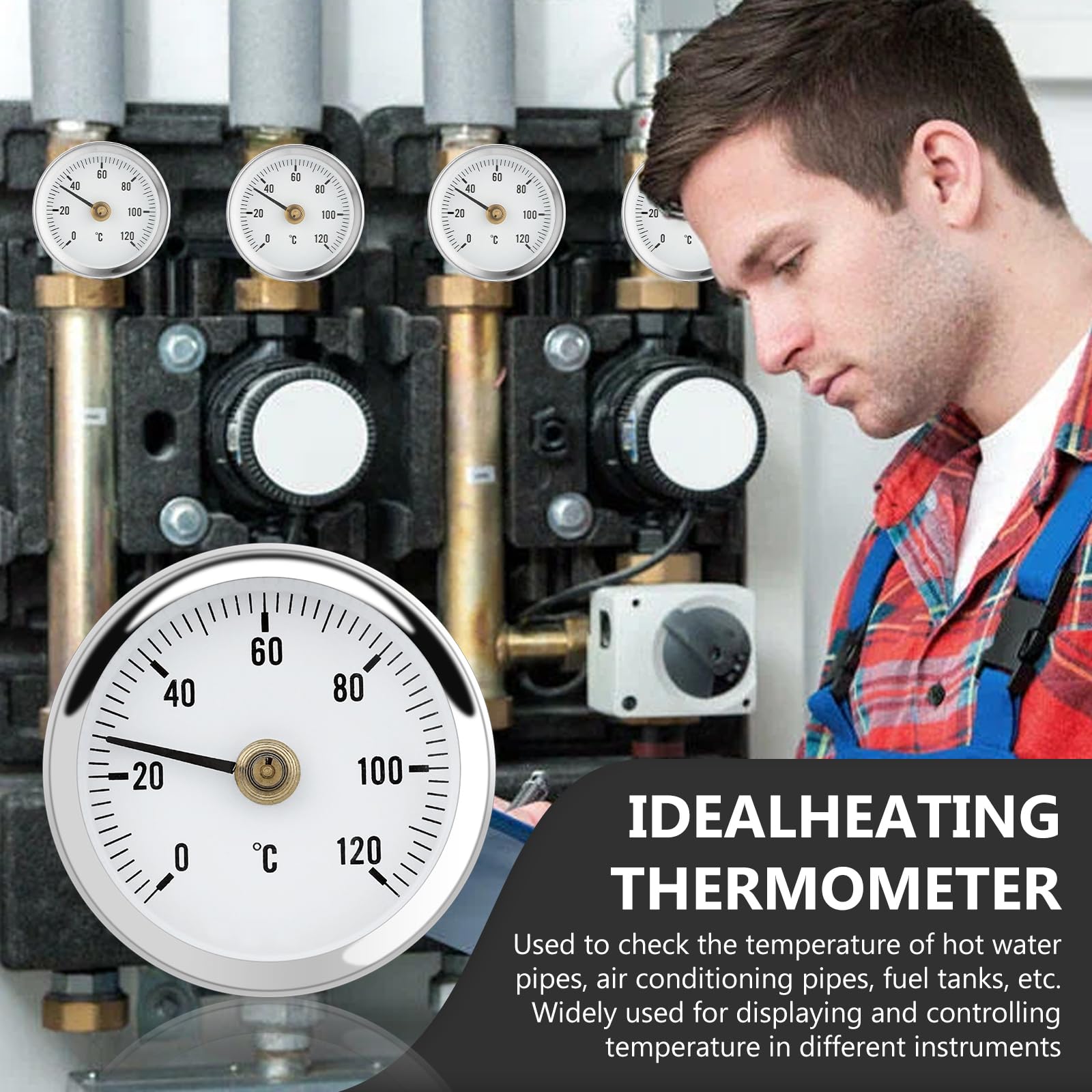 6 Stück Anlegethermometer Heizungsrohr, 63 mm Bimetall Industrielles Rohrthermometer, 0-120 °C anlege-zeigerthermometer mit Clip-On Feder für Heizkörperrohrtemperatur, Heim & Industrie