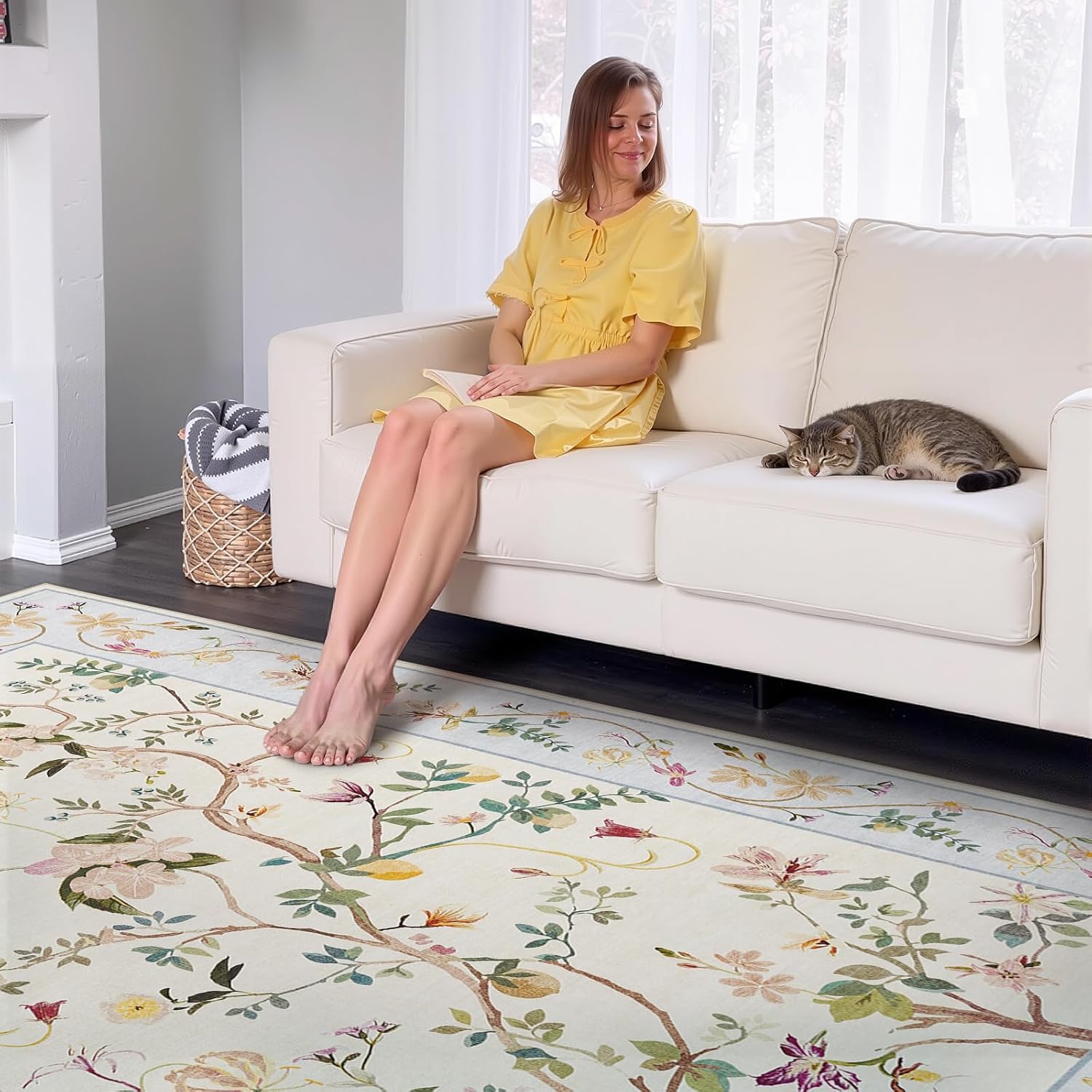 jinchan Floraison 8x10 Area Rug Floral Washable Carpet Indoor Non Slip Soft Netural Chinoiserie Large Low Pile Boho Design Rug for Living Room Bedroom Dining Room Beige/Blue