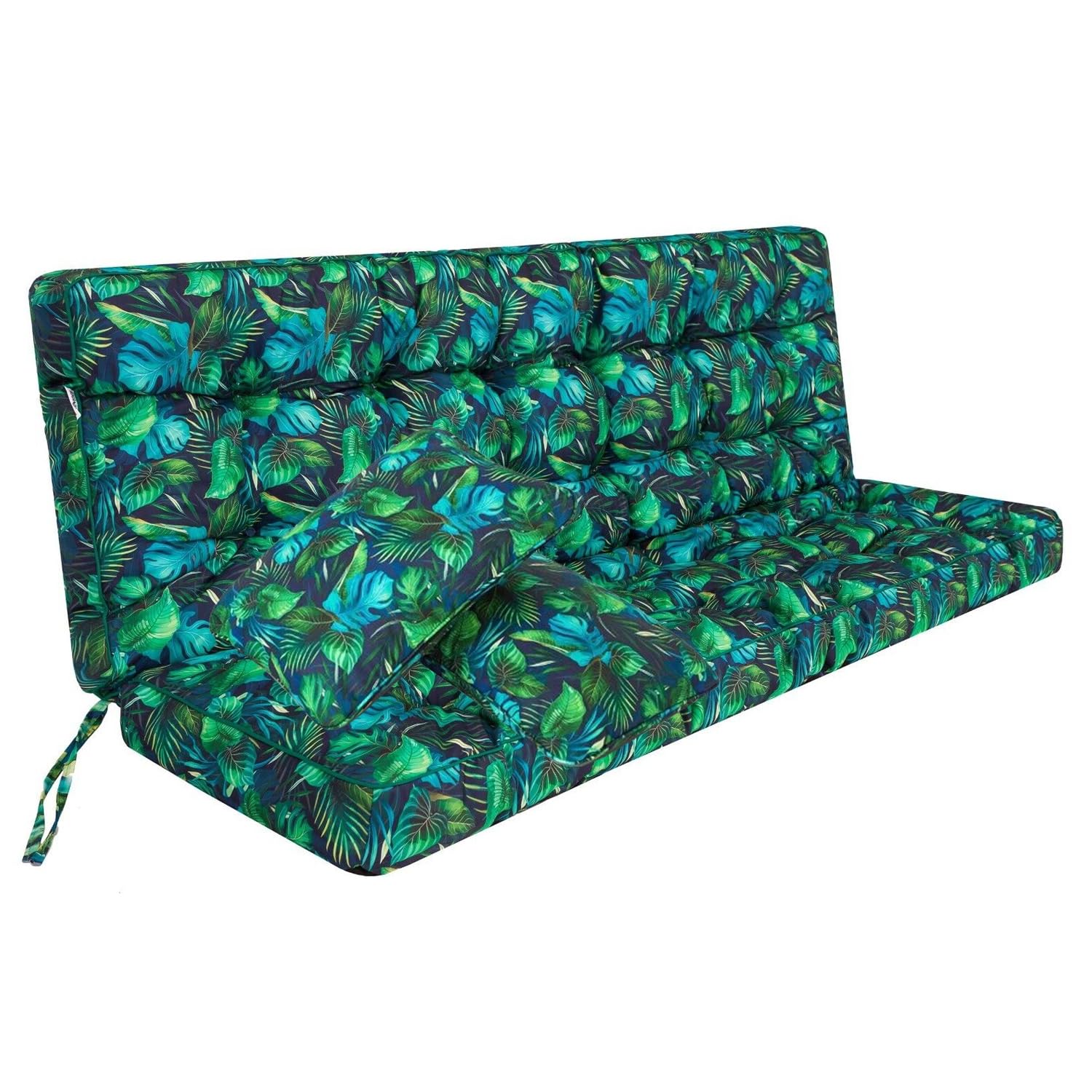 Hollywoodschaukel Auflage Pola, Sitzkissen für Gartenschaukel, 100–180 cm, mit 2 Kissen (Blaue BLÄTTER, 180 cm)