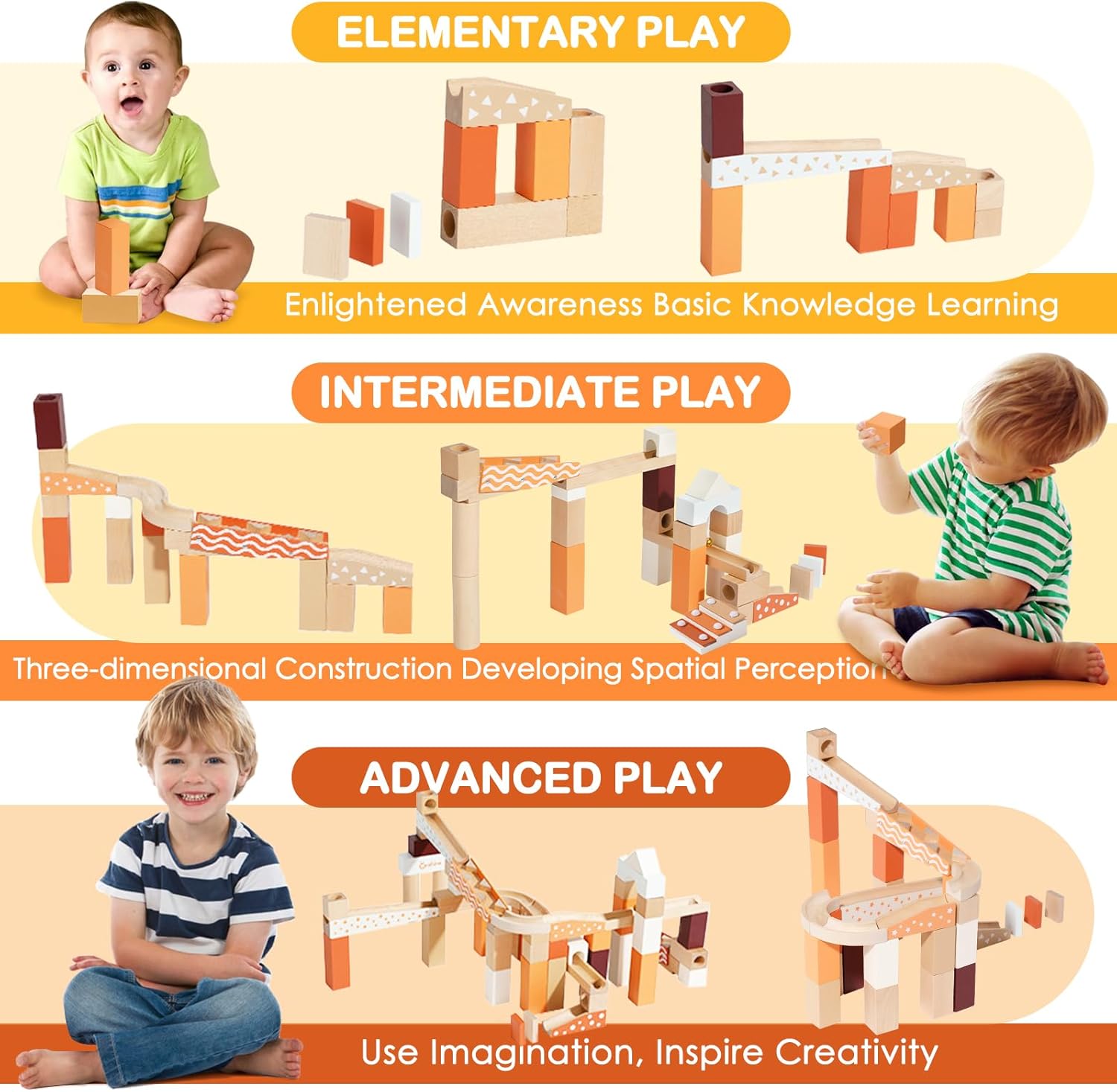 Wooden Marble Run Blocks for Kids 4-8, 80 Pieces Wood Building Blocks Toys and Construction Play Set, Neutral Colored Marble Track Maze Game STEM Learning Toys Gifts for Boys Girls (80pc Set)