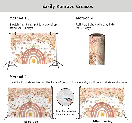 Miniatura 5 de YongFoto Telón de fondo bohemio para baby shower de 10 x 7 pies para fotografía de flores rosadas, corazón de amor, un pequeño rayo de sol está casi