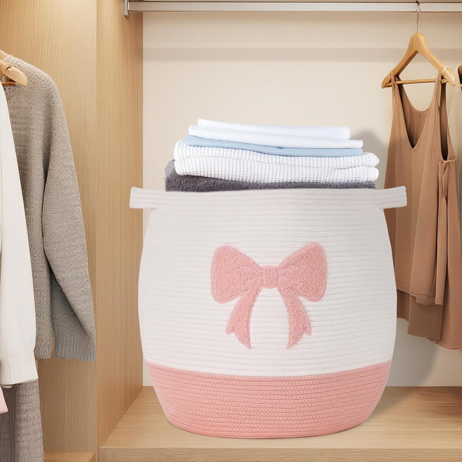 Large Baby Laundry Basket, Pink Laundry Hamper for Baby Girl, Toy and Blanket Storage Basket, Cotton Rope Baskets for Organizing 17"x15.7" - Image 7