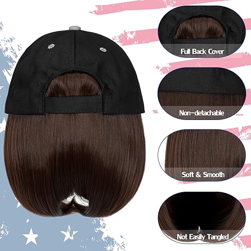 Miniatura 10 de Qlenkay Peluca con sombrero de bandera estadounidense, gorra de béisbol ajustable con extensiones de cabello de 14 pulgadas, peluca sintética recta