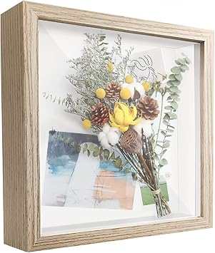 8x8 Shadow Box Frame Display Case with Letter Sticker Keepsake Baby Item Craft Ticket Photo Display Case Box Natural Grey, 8x8