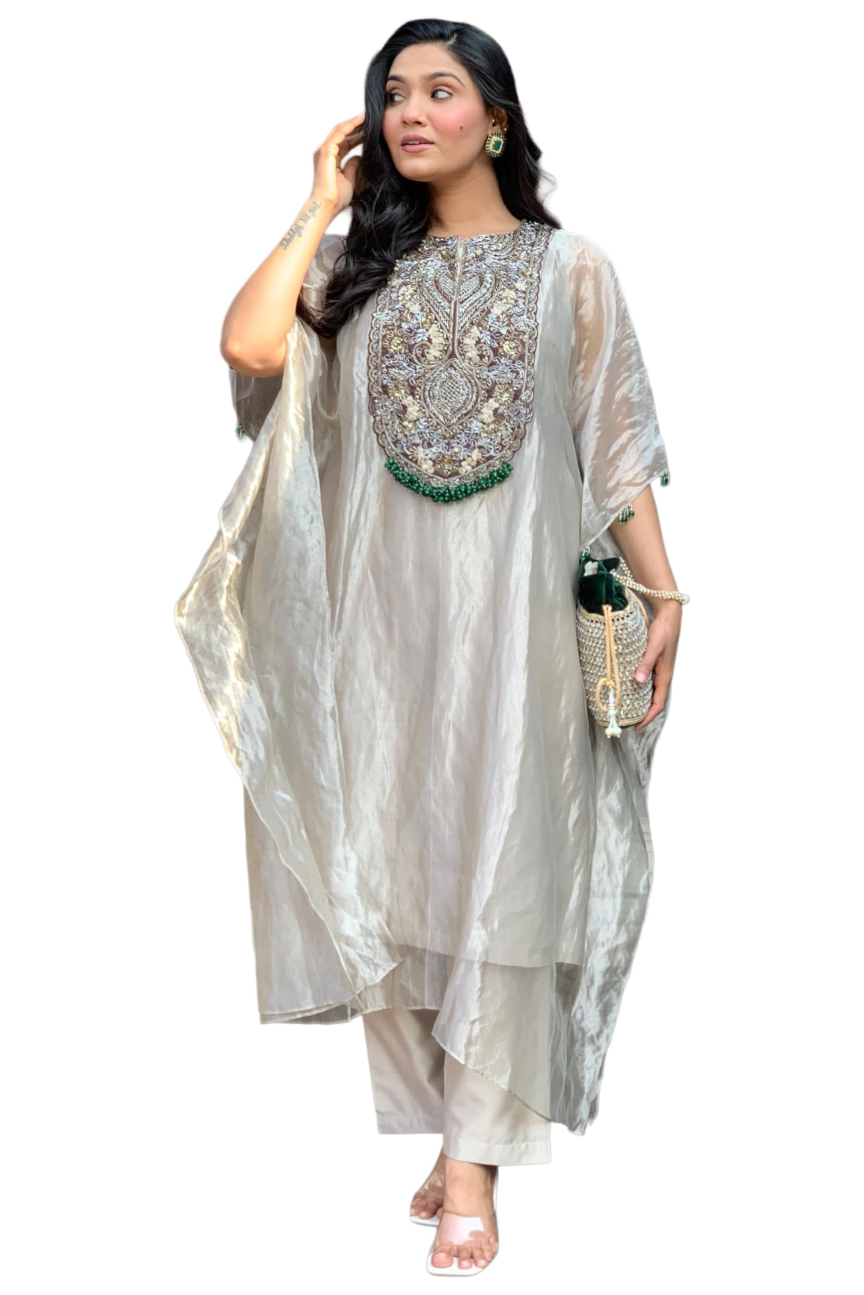 Kurta Set for Women Glass Tissue Embroidered | Kaftan Kurti Set for Woman | Kurta Palazzo 2 Piece Outfit | Round Neck Kaftan Sleeve Ethnic Dress Stylish Womens Clothing-image-14