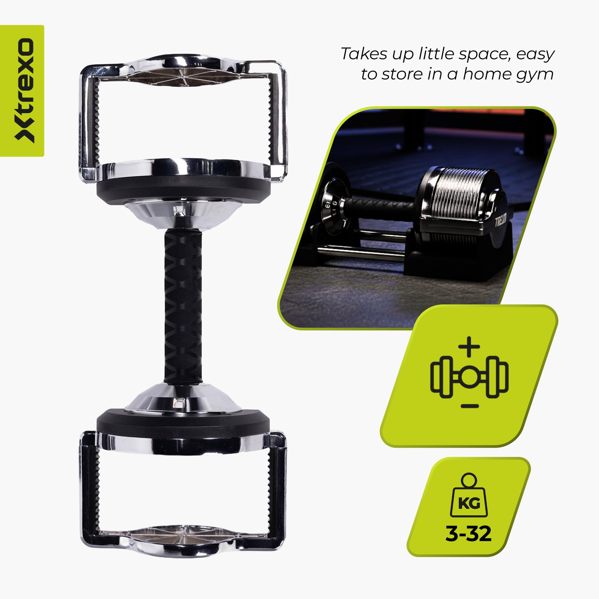 XTREXO 30-stufige feine Gewichtsanpassung 3-32 kg – Verstellbare Hantel – Verchromter Stahl – Silber – Für Krafttraining, Muskelaufbau und kompaktes Home-Gym