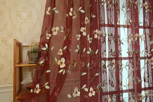 Miniatura 8 de Cortinas traslúcidas bordadas florales con bolsillo para barra, estilo campestre, decorativas, de tul de gasa rústica, panel de cortina para ventana