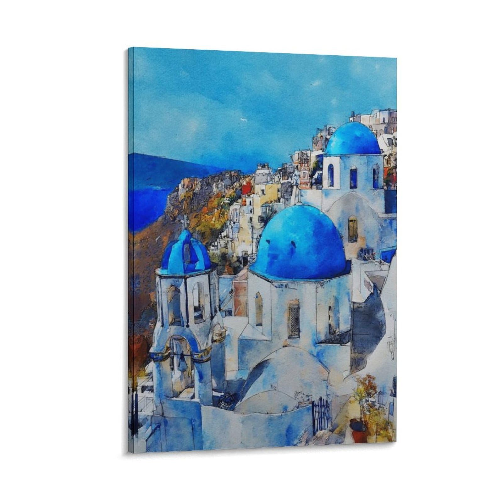 Santorini 24x36inch(60x90cm) Vintage Travel Poster Watercolor Canvas Art