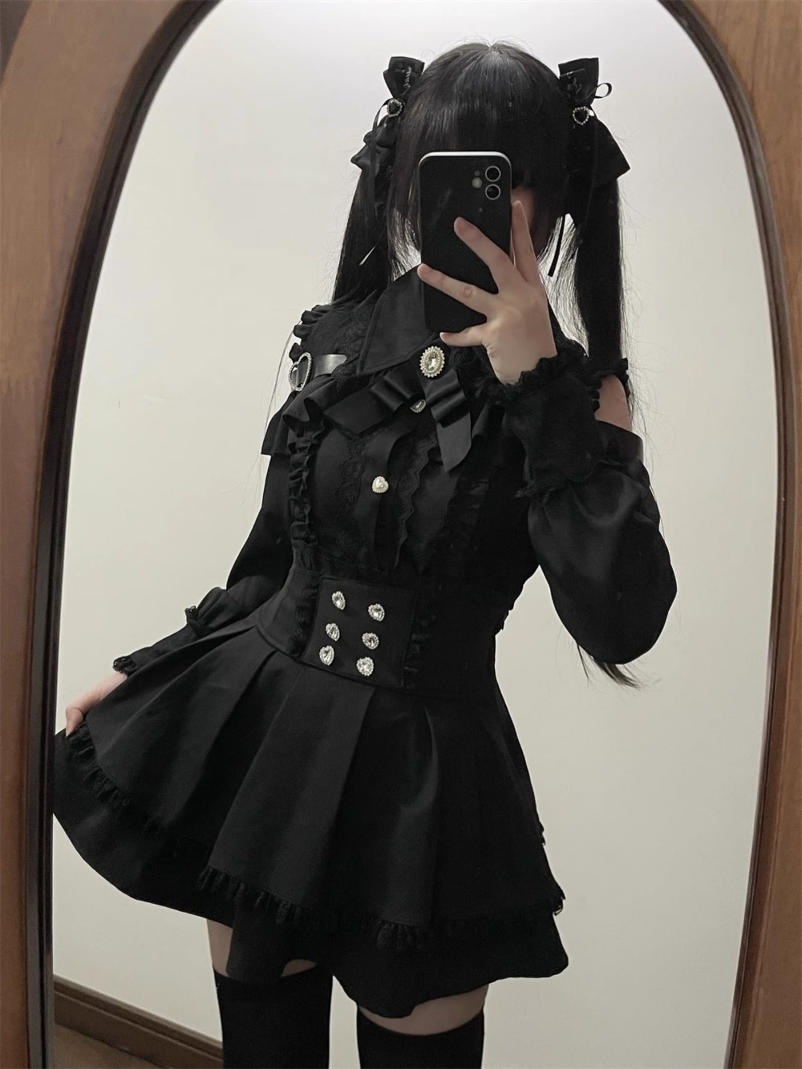 Wayolyn Lolita Shirts Jirai Kei Fashion Kawaii Clothing Goth Shirts Women Lace Mesh Sheer Long Sleeve Blouse: Black X-Large