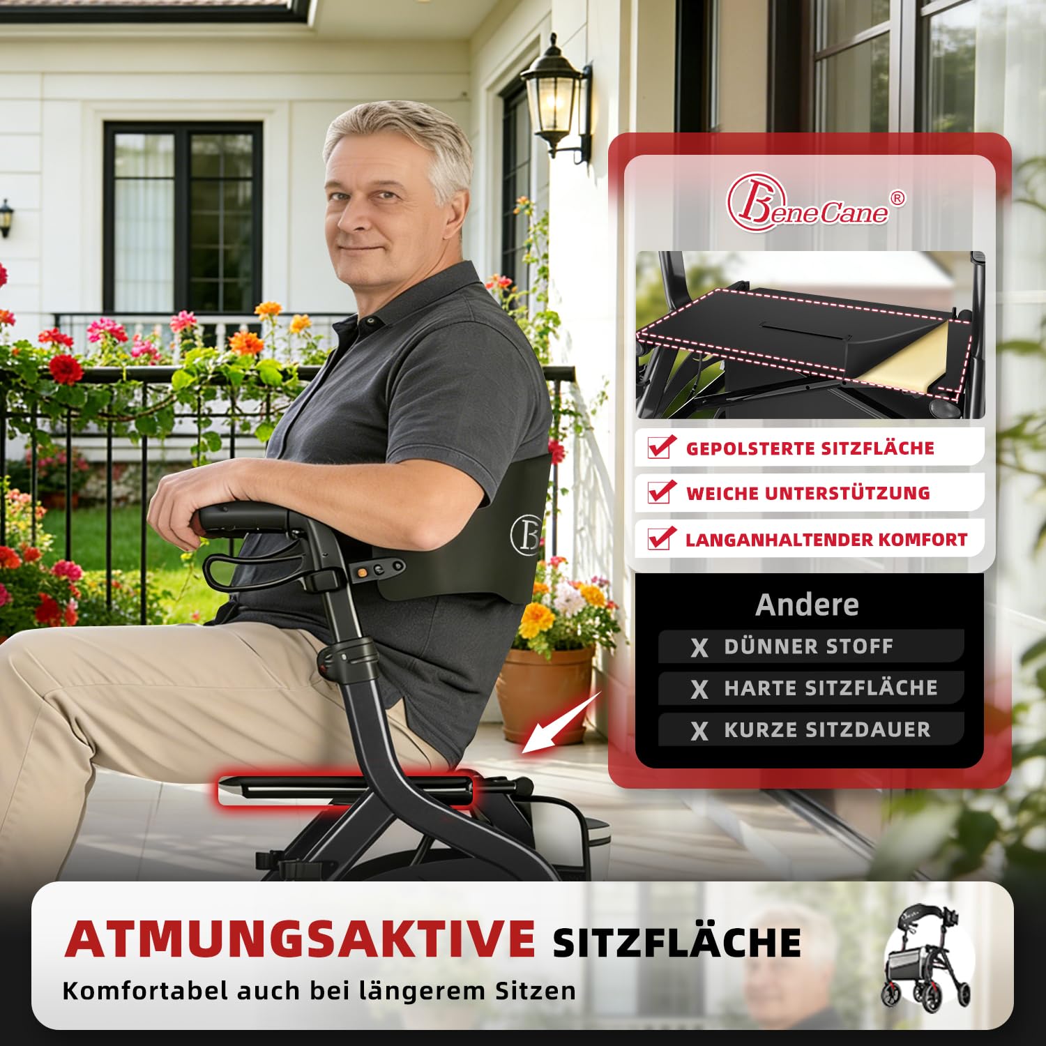 BeneCane Andador Plegable y Ligero Outdoor como Ayuda para Caminar y Levantarse, Andador de Viaje Regulable en Altura con Asiento, para Personas Mayores con Bolsa y Correa para la Espalda