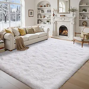 8x10 ft Fluffy White Rugs for Living Room Soft Fuzzy Bedroom Area Rug Non-Slip Shaggy Carpet for Nursery Kids PlayRoom Dorm Office Indoor Modern Plush Carpet Teens