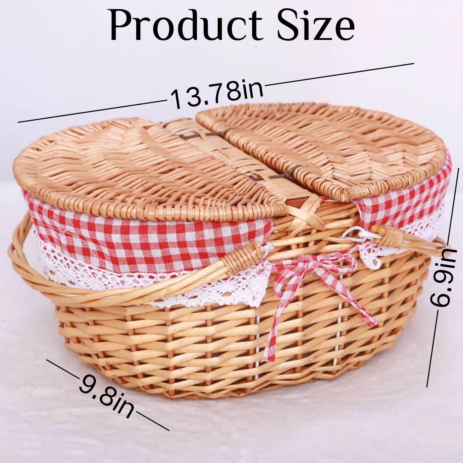 Cestino da picnic con fodera, cestino da picnic in vimini con coperchio, stile vintage, grande cestino intrecciato con doppi manici pieghevoli, per campeggio, San Valentino, ringraziamento (35 x 25 x