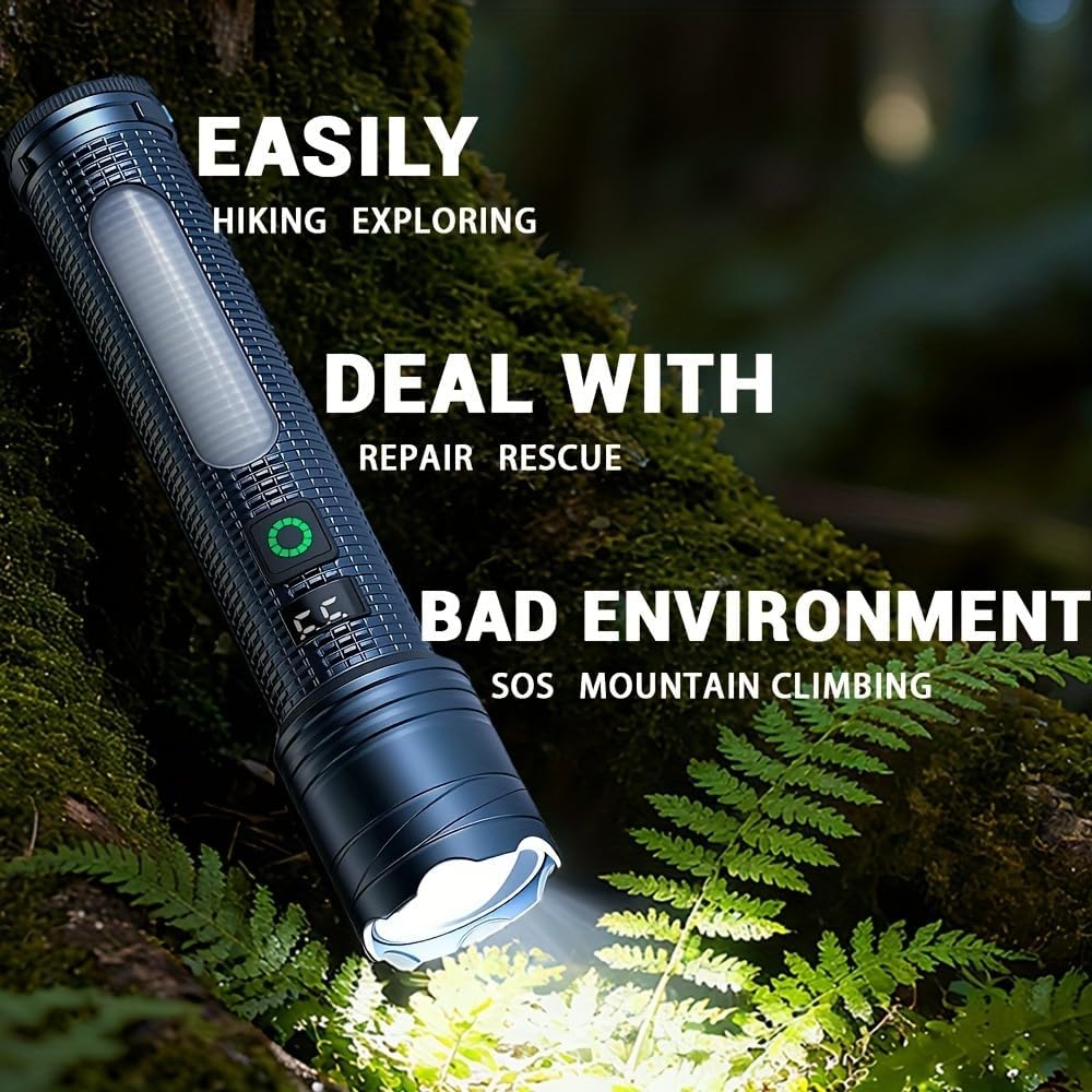 2 Pack Rechargeable Flashlights High Lumens, 5 Modes Led Torch with Red & Blue Size Warning Light, Waterproof Zoomable Handheld Flash Light for Camping, Hiking, Walking, Emergency