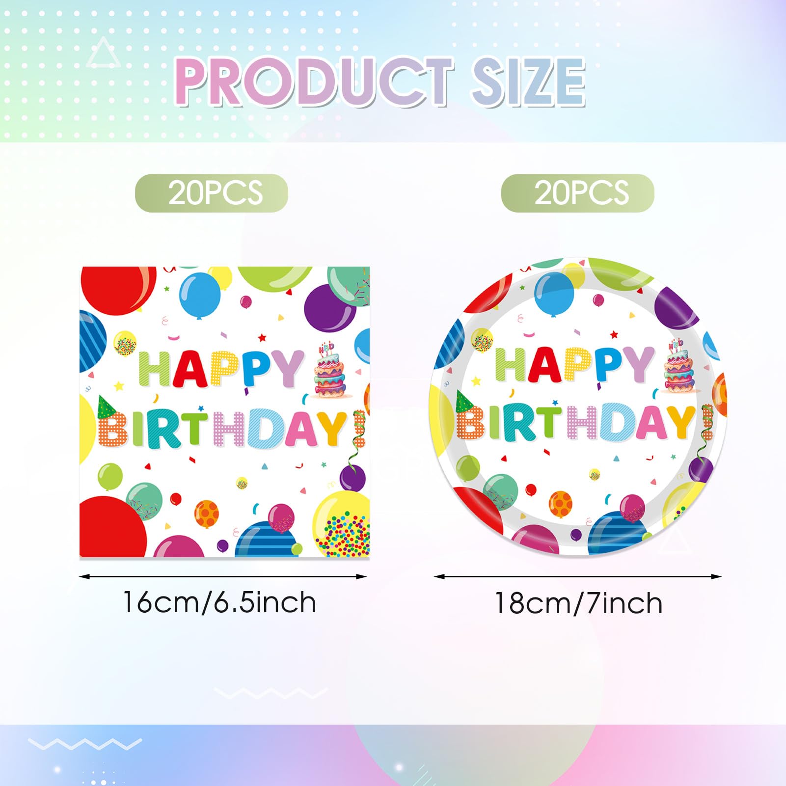 40PCS Happy Birthday Decorations Colorful Balloons Design Happy Birthday Party Supplies Set Disposable Paper Birthday Plates Napkins for Boys Girls Birthday Baby Shower Serves 20