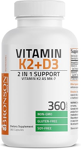 Vista 11 de Bronson Suplemento de vitamina K2 D3 (MK7) Fórmula sin OMG Vitamina D3 5000IU (125 mcg) y 90 mcg K2 MK-7, complejo D y K fácil de tragar, 60 cápsulas