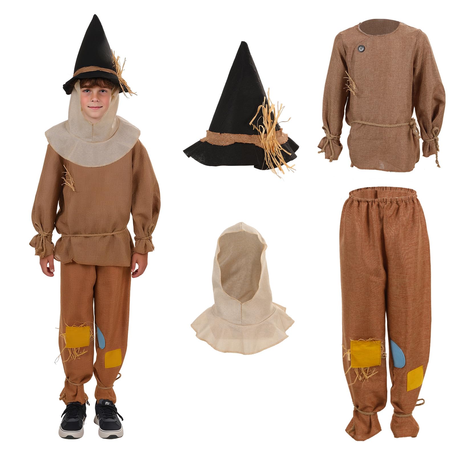 4PCS Kids Boys Scarecrow Costume with Straw Hat Farmer Cosplay Outfit Accessories, Fancy Halloween Party Dress Up (Medium)