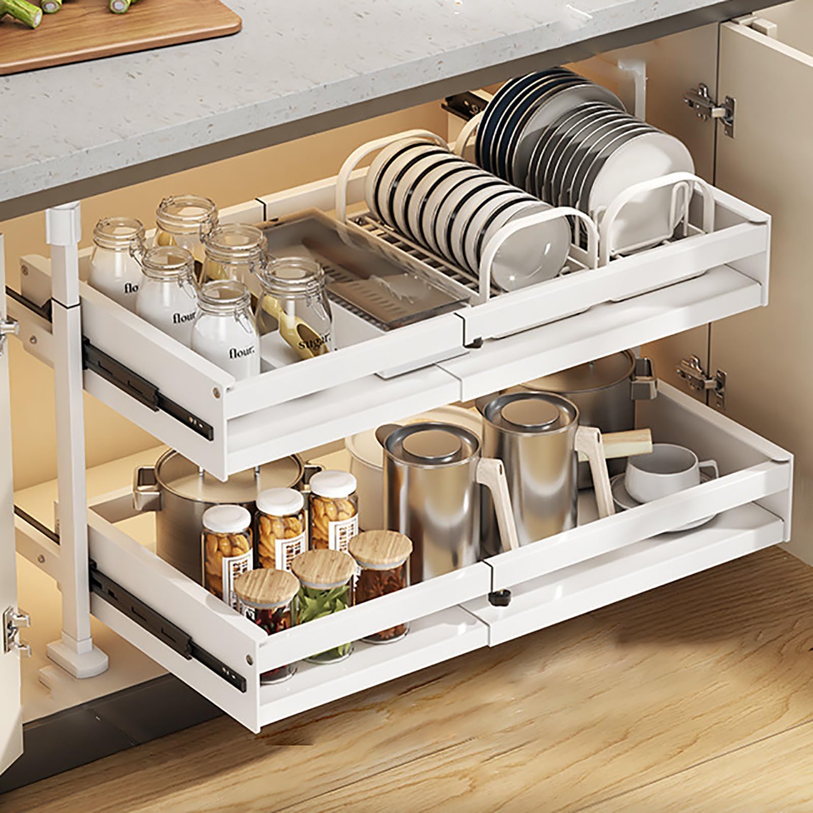 Pull out kitchen cabinet organizers,sliding drawers for kitchen cupboard,Pull Out Cabinet Organiser Slide Out Drawers,No Need Drill and Nailing,for Kitchen Cupboard Cabinet. ( Color : White , Size : D