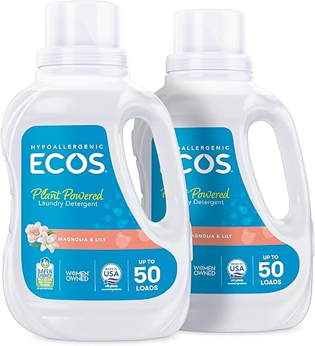 ECOS Detergente hipoalergénico para ropa, lirio de magnolia, 100 cargas, 50 onzas (paquete de 2)