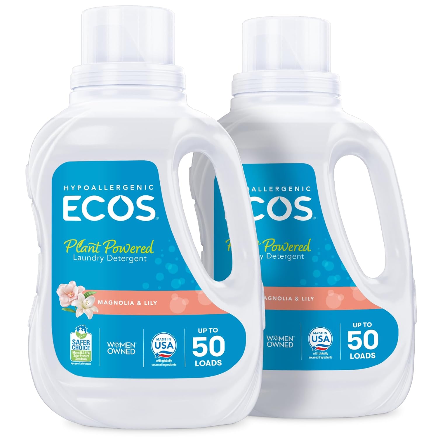 ECOS Laundry Detergent Liquid, 100 Loads - Dermatologist Tested Laundry Soap - Hypoallergenic, EPA Safer Choice Certified, Plant-Powered - Magnolia Lily, 50 Fl Oz (Pack of 2)