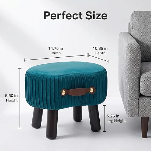 Miniatura 3 de Reposapiés pequeño con asa, reposapiés otomano de terciopelo con asiento acolchado, taburete curvado con patas de madera, reposapiés portátil