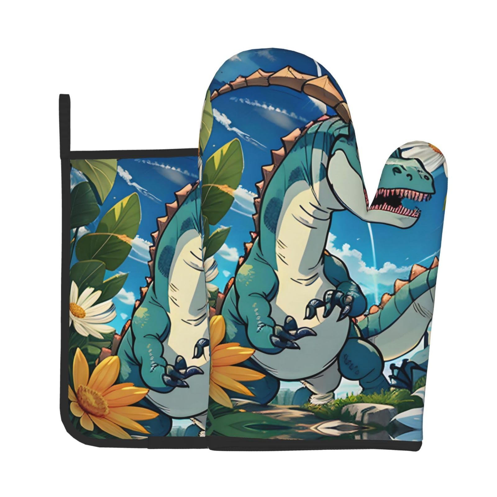 Oven Mitts and Potholders Set of 2 for Kitchen Baking Cooking GrayCute Dinosaur Thick and Durable