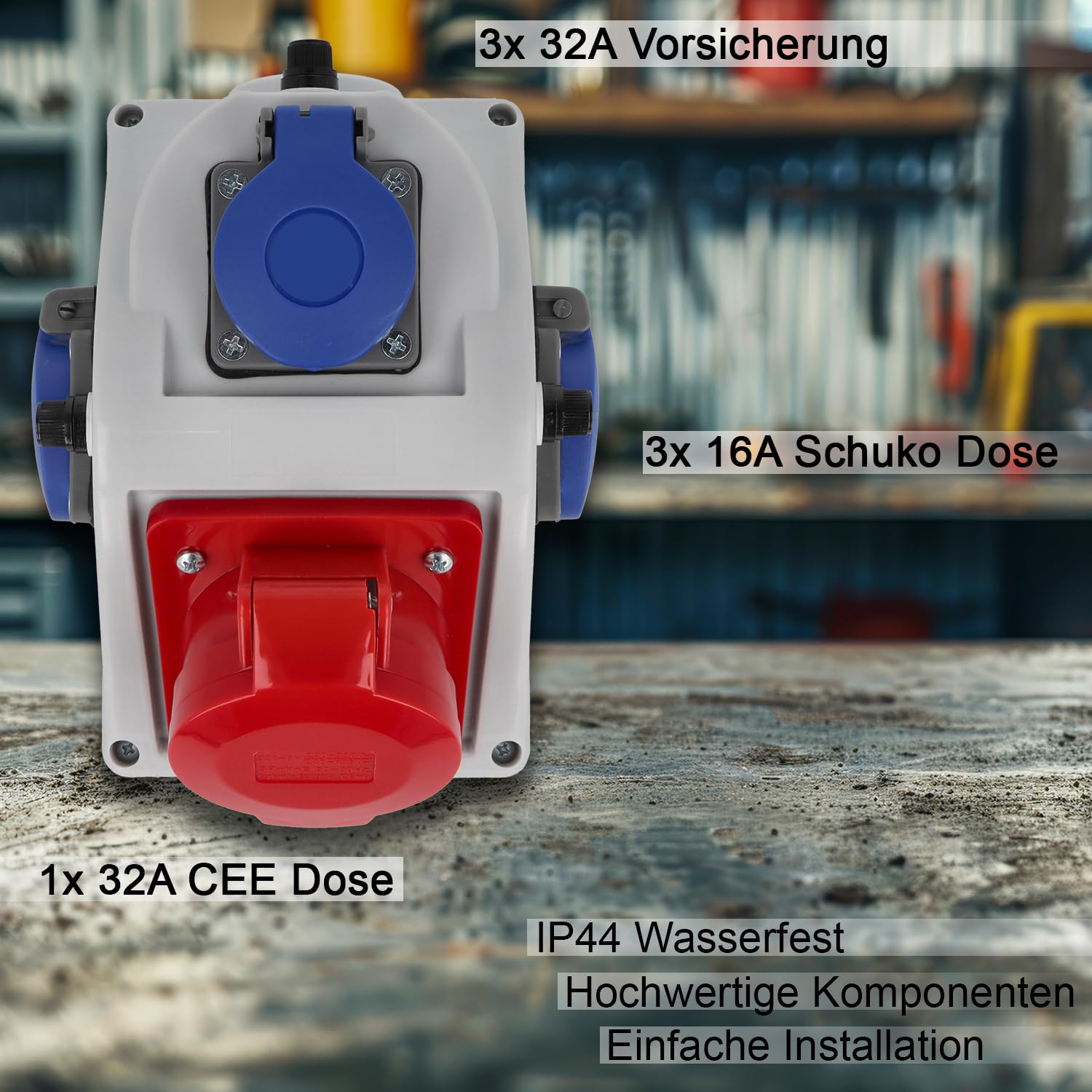 EBROM Gniazdo rozdzielcze CEE – 1 x CEE 32 A 5P 400 V + 3 x Schuko 16 A 230 V – ochrona przed wodą rozbryzgową IP44 – wstępnie okablowana i gotowa do podłączenia – wytrzymała obudowa – wysoka jakość