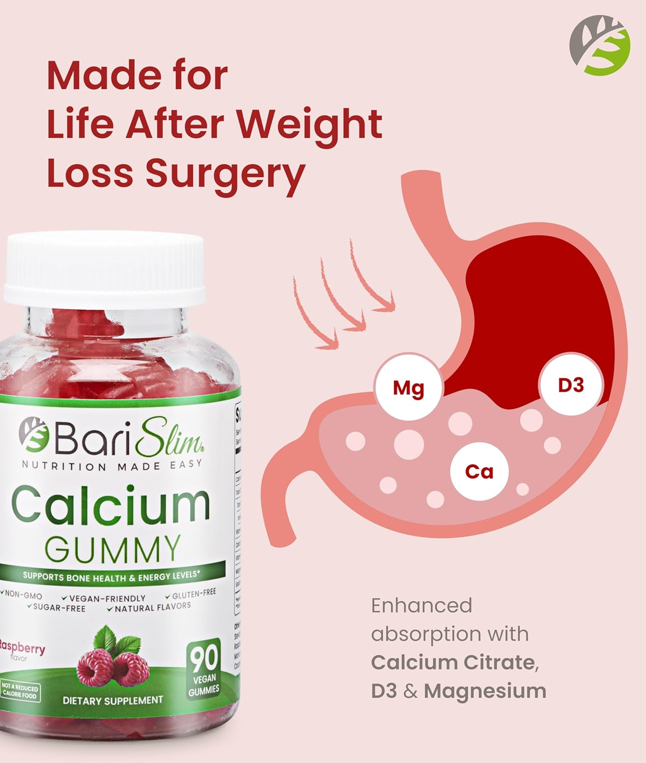 BariSlim Bariatric Calcium Gummies - Specially Formulated Bariatric Vitamins for Patients After Weight Loss Surgery - Supports Energy Levels & Bone Health | Raspberry (90 Vegan Gummies) - Image 3