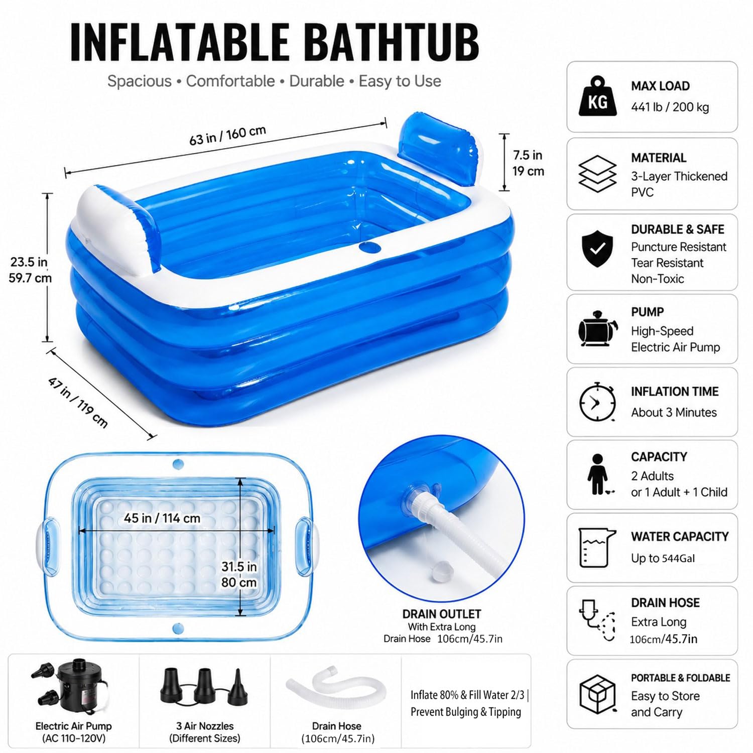 Doppelte aufblasbare Badewanne für 2 Erwachsene – robuste 3-lagige PVC-aufblasbare Badewanne mit elektrischer Luftpumpe, freistehend, faltbar, Whirlpool-Badewanne für drinnen und draußen, inklusive
