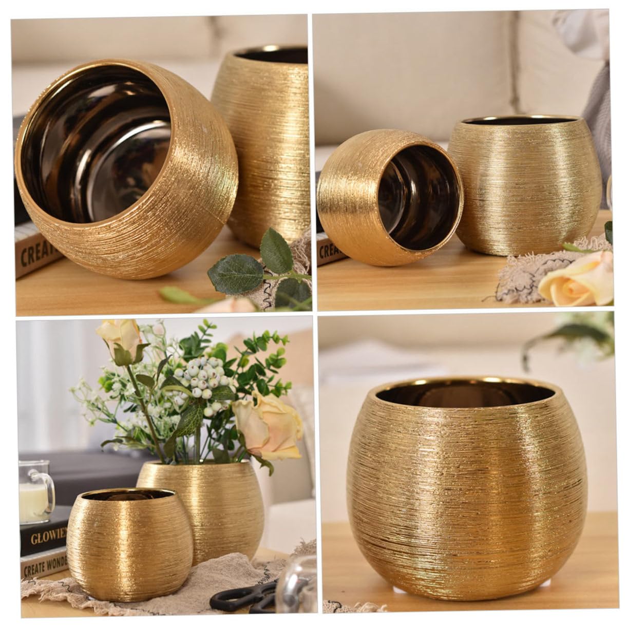 Pot de Fleurs en Céramique Plaqué Or Rond, Respirant et Lumineux, pour Succulentes, Décoration Élégante Maison Bureau