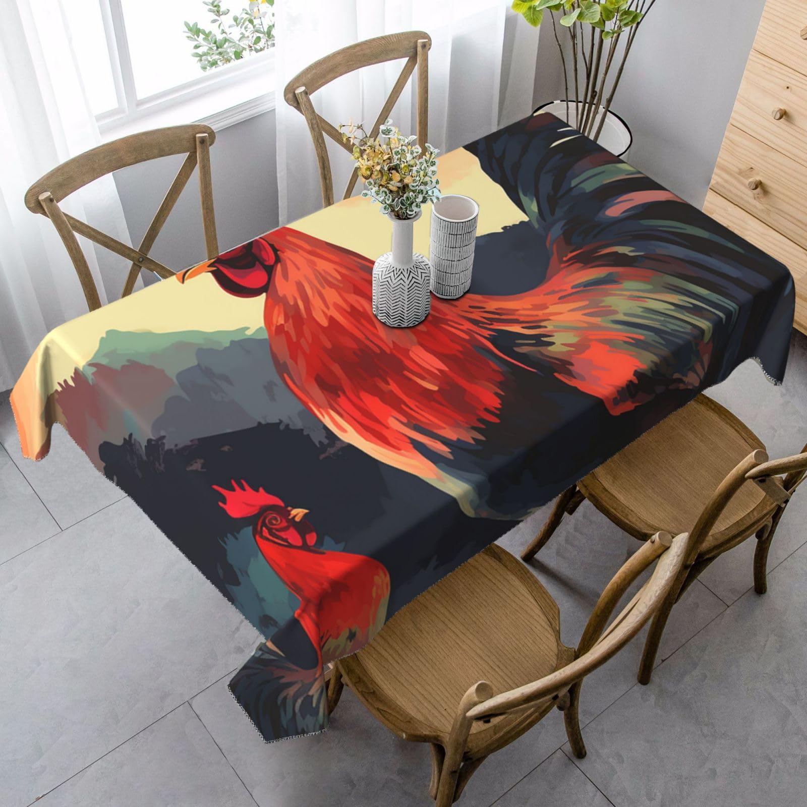 FodPand 35x55 Inch Tablecloth Stain and Wrinkle Resistant Table Cover Rectangular Washable Kitchen Table Cloth for Dinning Room Picnic Patio Party Decor, Rooster Beautiful Art