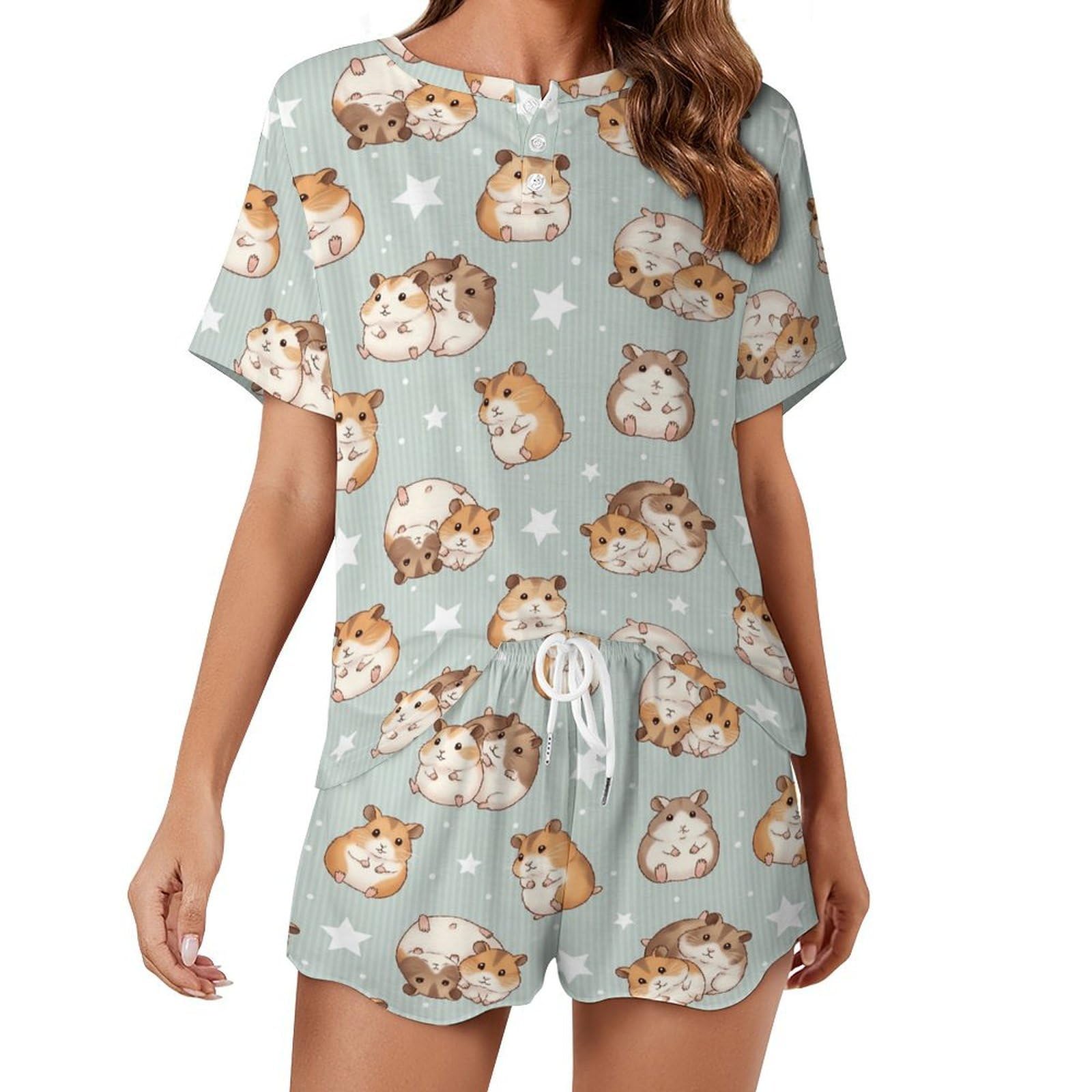 Peiyeety Women's Cute Hamster Pj Sets For Woman Short Sleeve Pajamas For Set Shorts 2 Piece Sleepwear