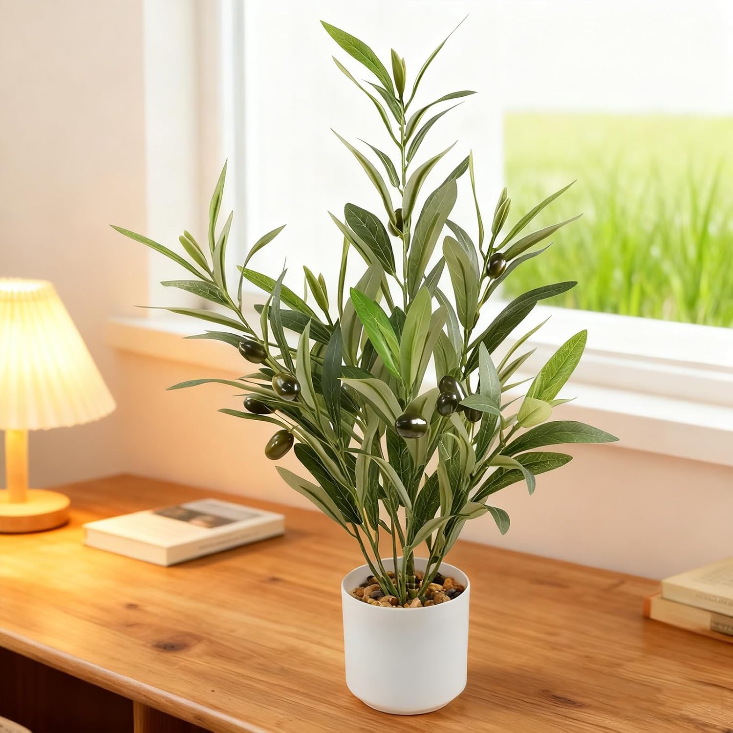 Artificial Olive Branches in Pot, Faux Greenery with White Pot, Fake Potted Green Plants Olive Stems Tables Centerpiece for Desk Shelf Cabinet Bedroom Livingroom Kitchen Indoor Home Decor