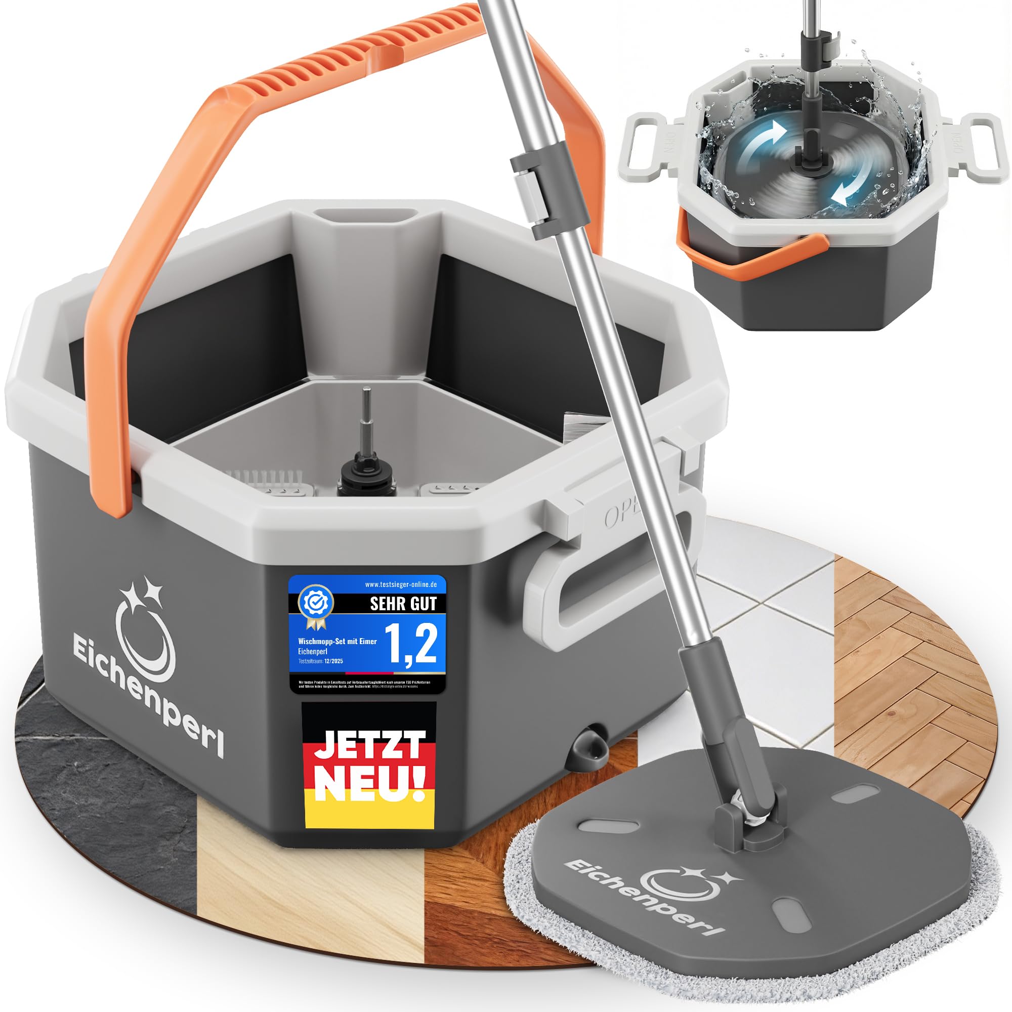 Wischmop Set mit Eimer - 2-Kammer Wischsystem & Bodenwischer mit Auswringfunktion - Schmutzwasser-Trennung, 360° Wischer mit Mikrofaser Pads für Parkett, Laminat & Fliesen