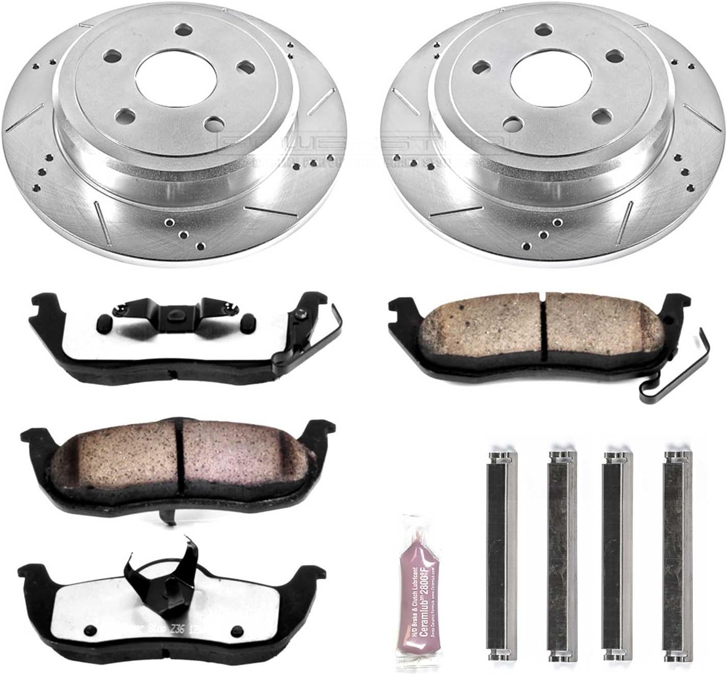 PowerStop Rear Brake Kit For Jeep Commander 2006-10 | Jeep Grand Cherokee 2005-10 - Truck & Tow Carbon Fiber Ceramic Brake Pads + Drilled & Slotted Rotors Upgrade, K2221-36