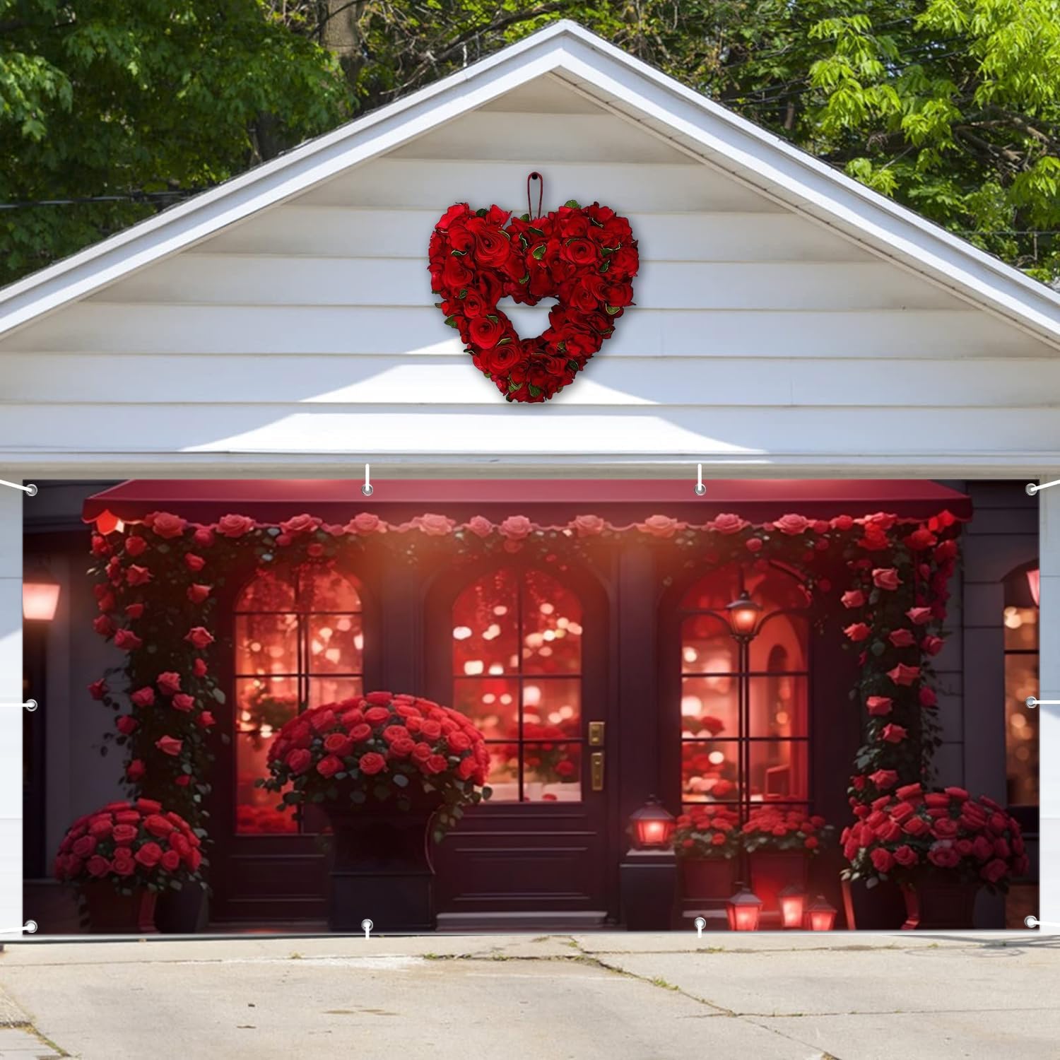 Happy Valentine's Day Garage Door Decorations, Red Rose Store Valentine's Day Party Garage Door Banner Valentines Backdrop for Valentine's Day Indoor Outdoor Wall Door House Background Decor 7x16