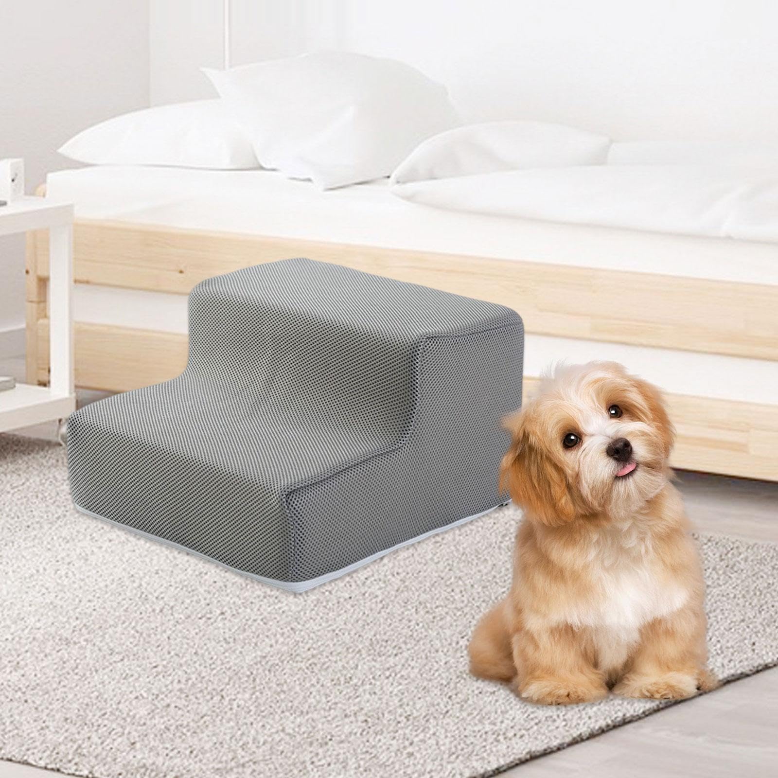 Rampe d'Accès pour Animaux à Deux Marches, Escalier pour Animal Domestique, Escalier Anti-Glissant Adaptée aux Canapés, Idéale pour Petits Chiens et Chats, Gris Clair