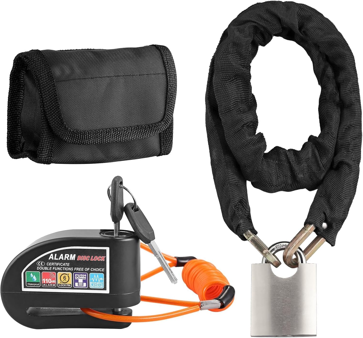 Justech Motorcycle Lock, Bicycle Chain Lock + Motorbike Alarm Disc Lock 110dB Alarm Sound with Reminder Cable and Carry Pouch for Bicycle Scooter