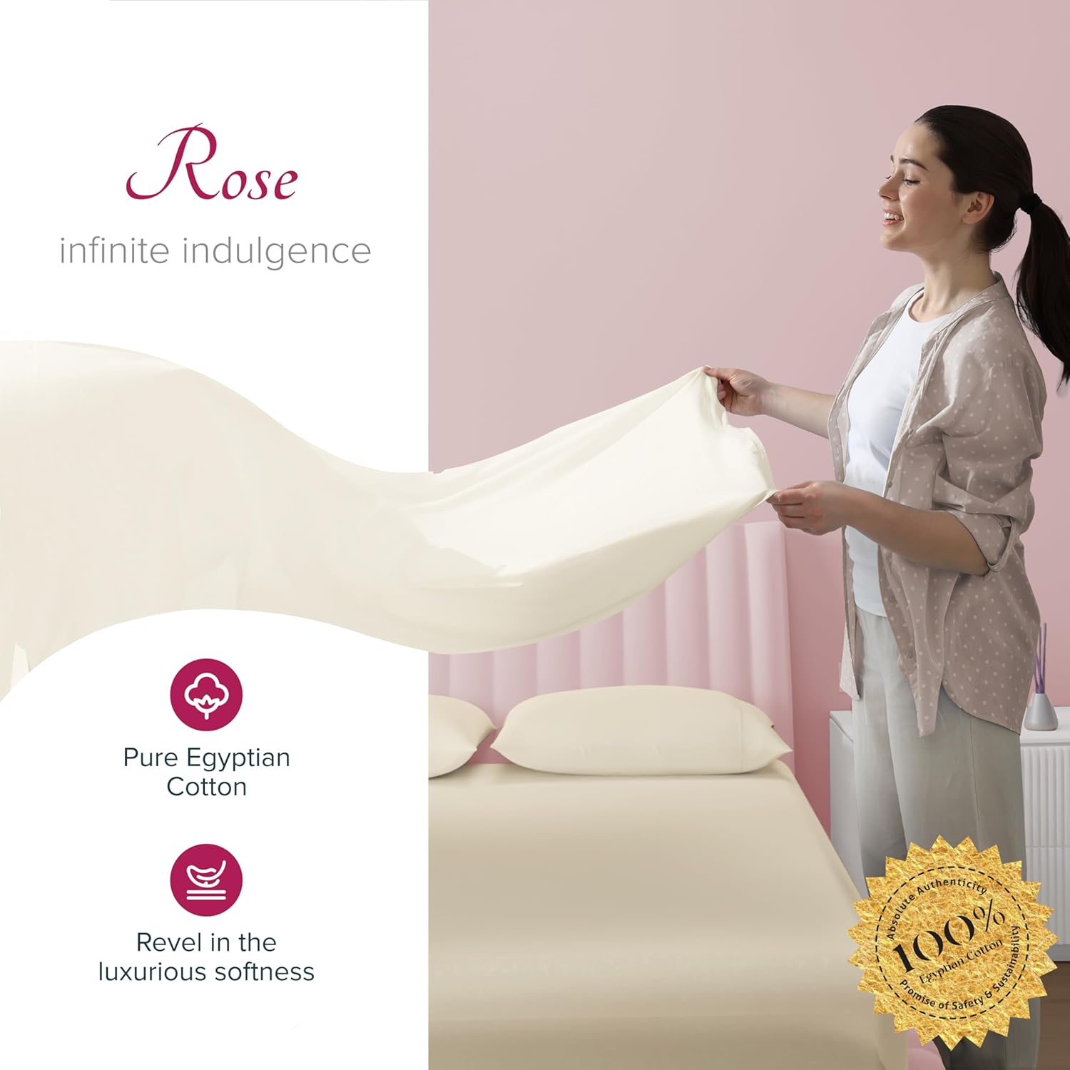 Carressa Linen 100% Egyptian Cotton Sheets California King Size - 1200 Series Rose Collection Cal King Sheets (4 PC, Ivory), Silky Soft, Cooling, Sateen Weave 17" Deep Pocket Hotel Bed Set