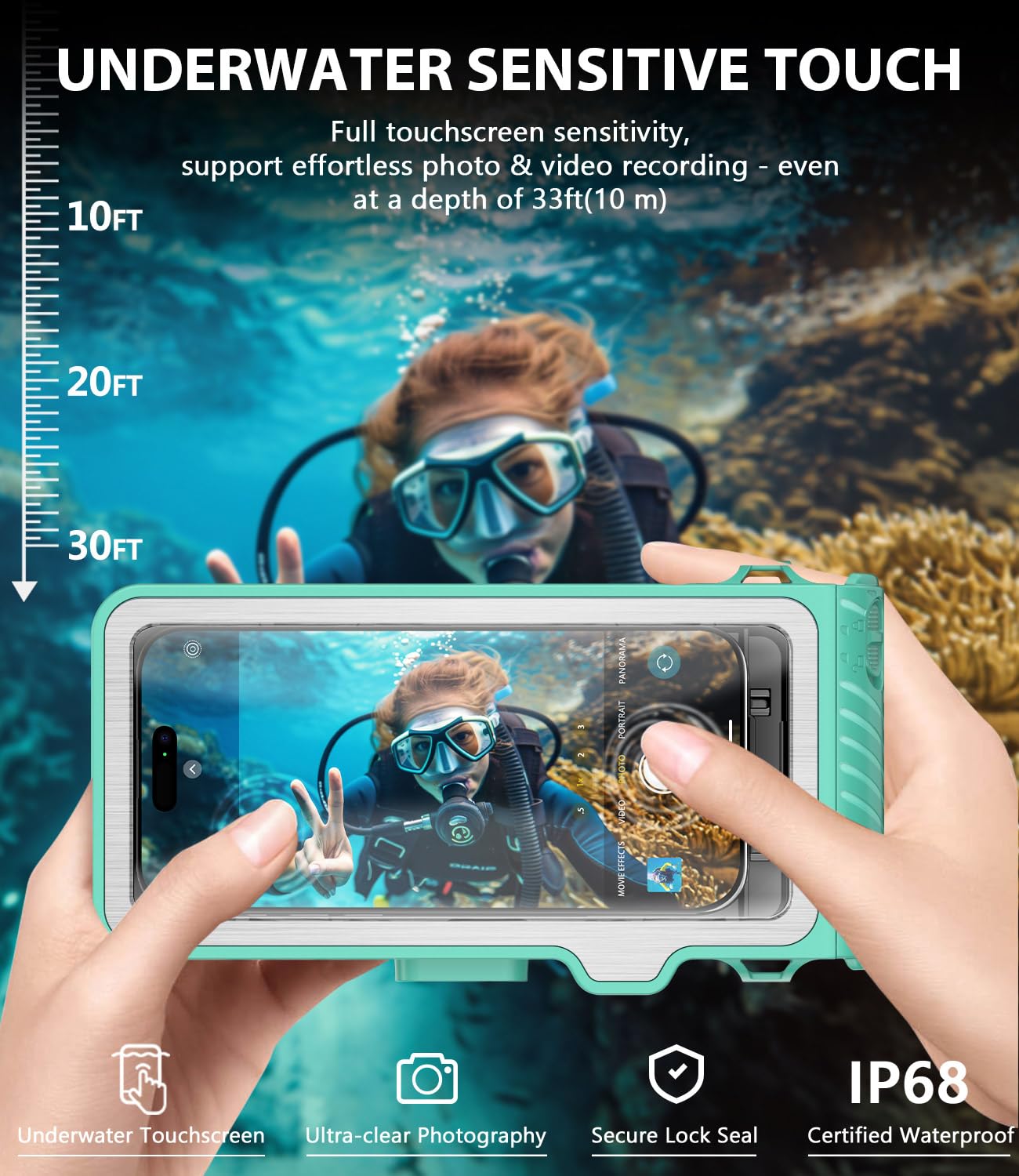 Funda impermeable para esnórquel, carcasa de pantalla táctil subacuática, universal, IP68, impermeable, para fotografía y video, para iPhone, Samsung Galaxy Series, hasta 6.9 pulgadas, color verde