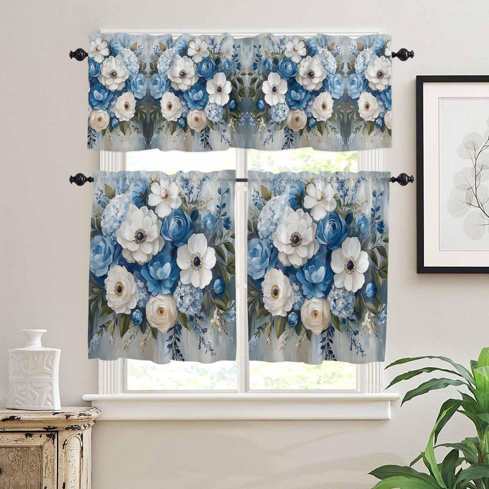 Hydrangeas Flower Kitchen Curtains 24 Inch Length,3 Piece Rod Pocket Small Half Tiers and Valance Set,Blue White Floral Country Oil Painting Small Large Window Treatment Decor for Bedroom/Bathroom