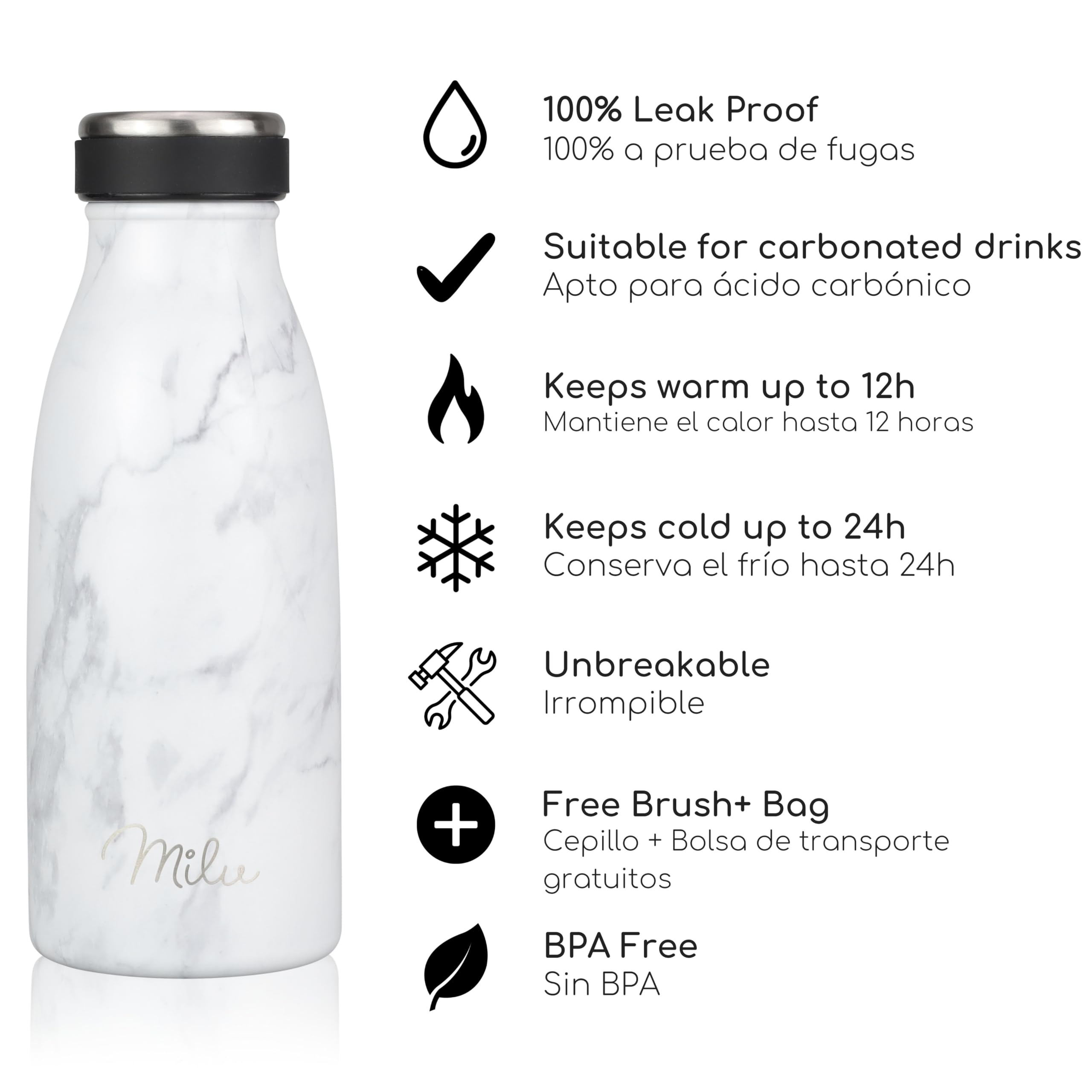 Milu Botella de acero inoxidable de 350ml 500ml 750 ml 1 L 1,5 L botella de agua aislada, termo a prueba de fugas, doble pared, apta para ácido carbónico + cepillo de limpieza (Azul Violeta, 350ml) — view 34