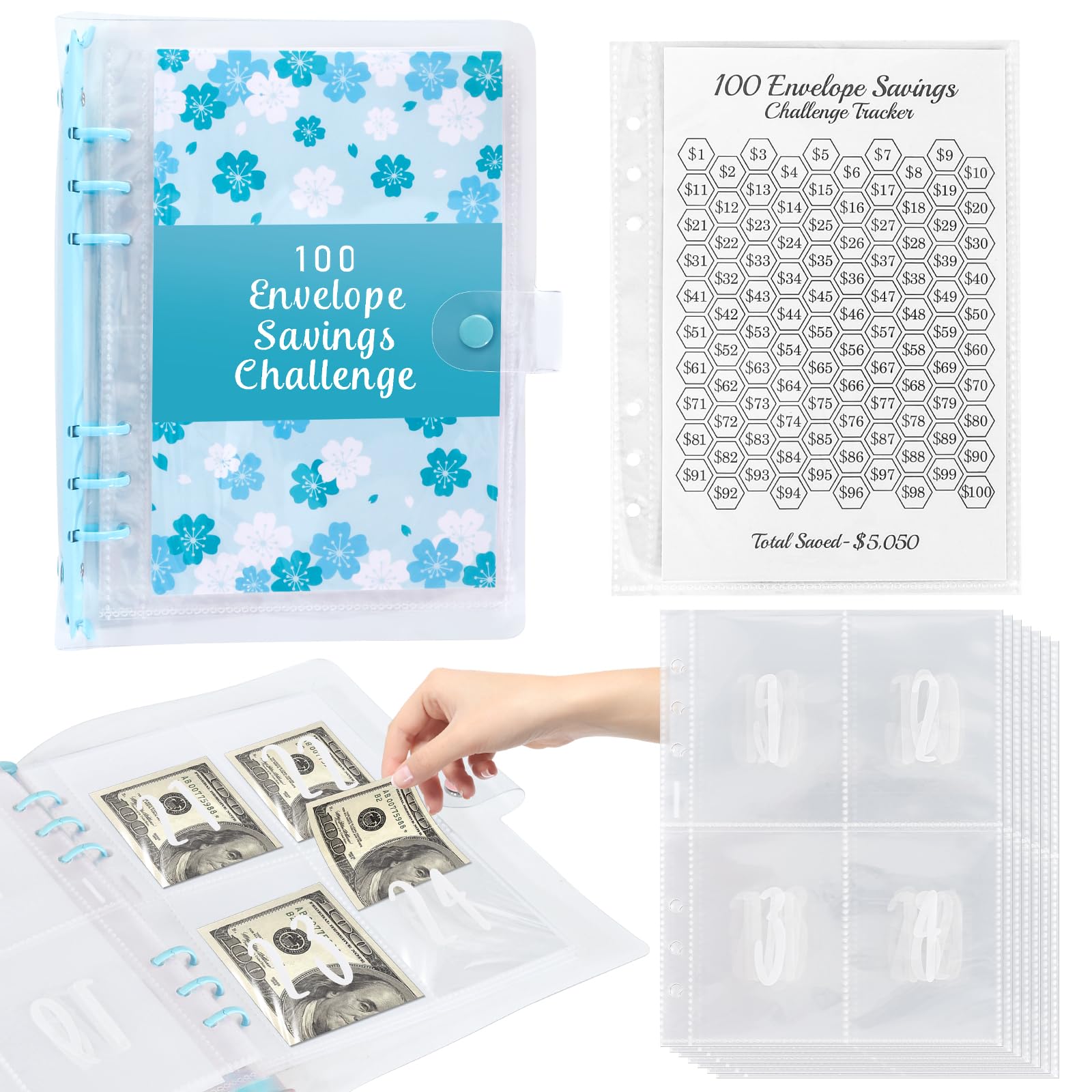 100 Envelopes Money Saving Challenge Binder,A5 Budget Binder with Cash Envelopes & Tracker, Savings Challenges Book to Save $5,050, Budget Planner for Budgeting Binder (Blue)