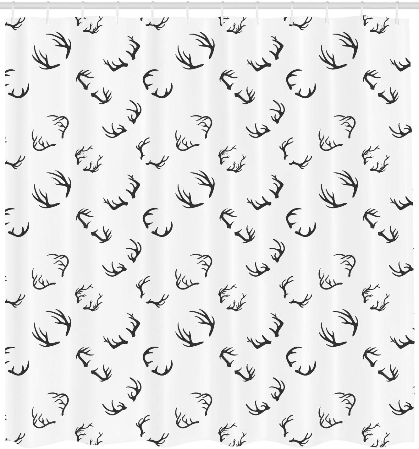 Ambesonne Deer Shower Curtain, Deer Horns Pattern Barbed Bone Winter Modern Simple Minimalistic Artwork, Cloth Fabric Bathroom Decor Set with Hooks, 69" W x 70" L, Grey Charcoal