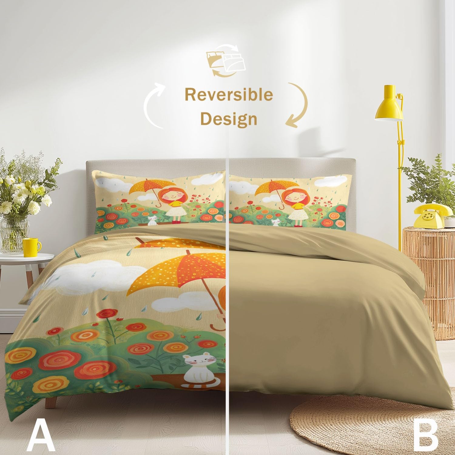 Biancheria da letto 180 x 200 cm, con illustrazione a libro illustrativo giocoso per bambini, biancheria da letto in microfibra con chiusura lampo, per adolescenti, colore beige
