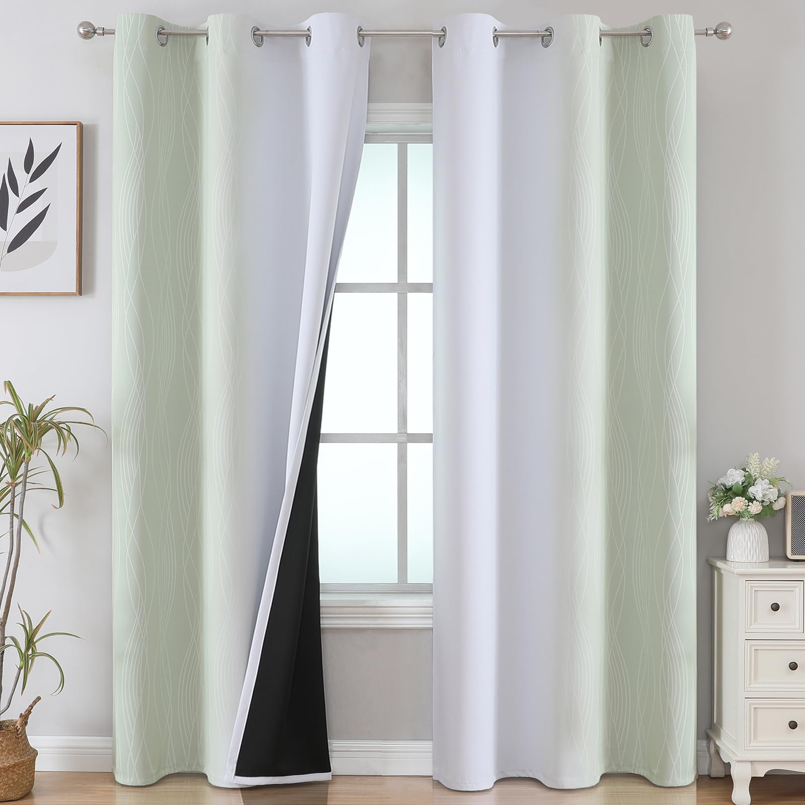 Estelar Textiler Sage and Greyish White Room Darkening Blackout Curtains 84 Inch Length 2 Panels Set for Living Room, Thermal Insulated Ombre Light