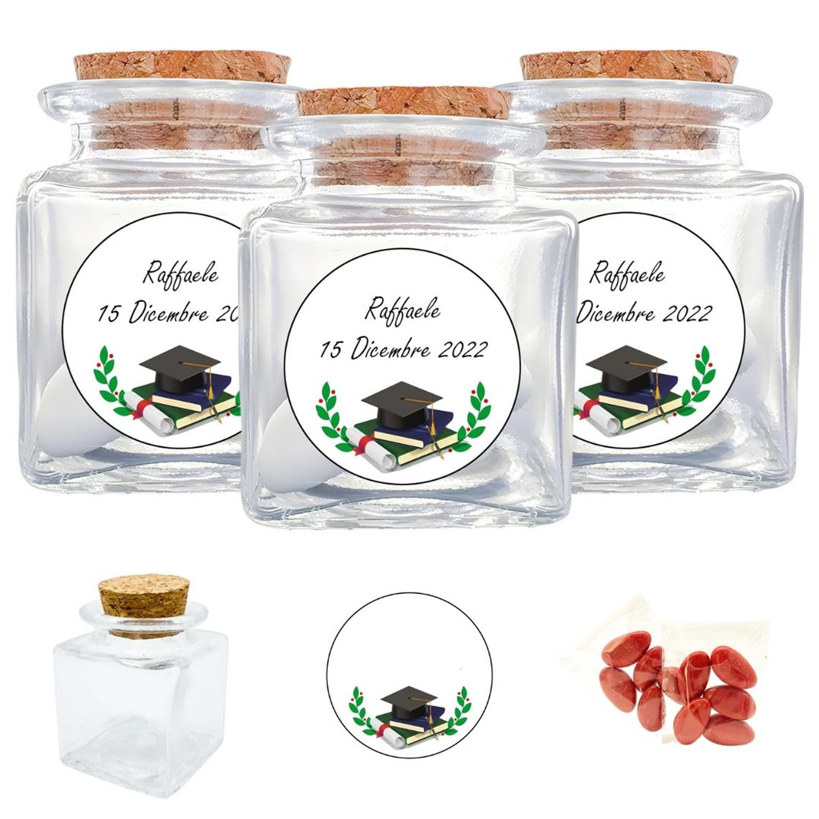 Doni Bomboniere Set Laurea 12PZ Barattolini Vetro 4x4x4 Tappezzati Sughero Adesivi Personalizzabili Bustine Confetti Festa Anniversario Gadget Evento